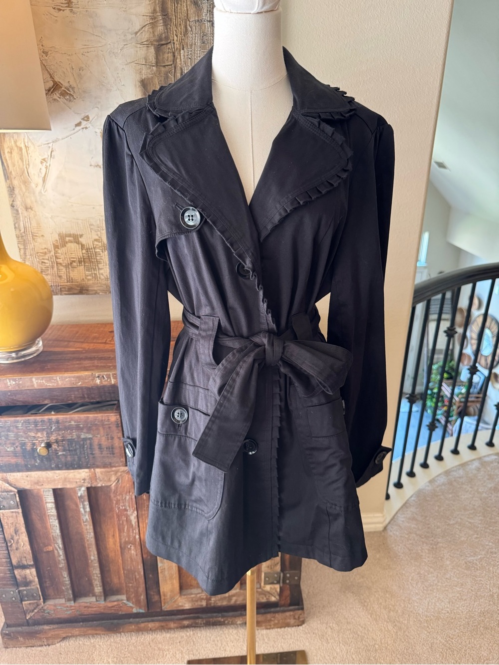 Willi Smith Black Ruffled Tie Waist Short Trench Coat- size XL
